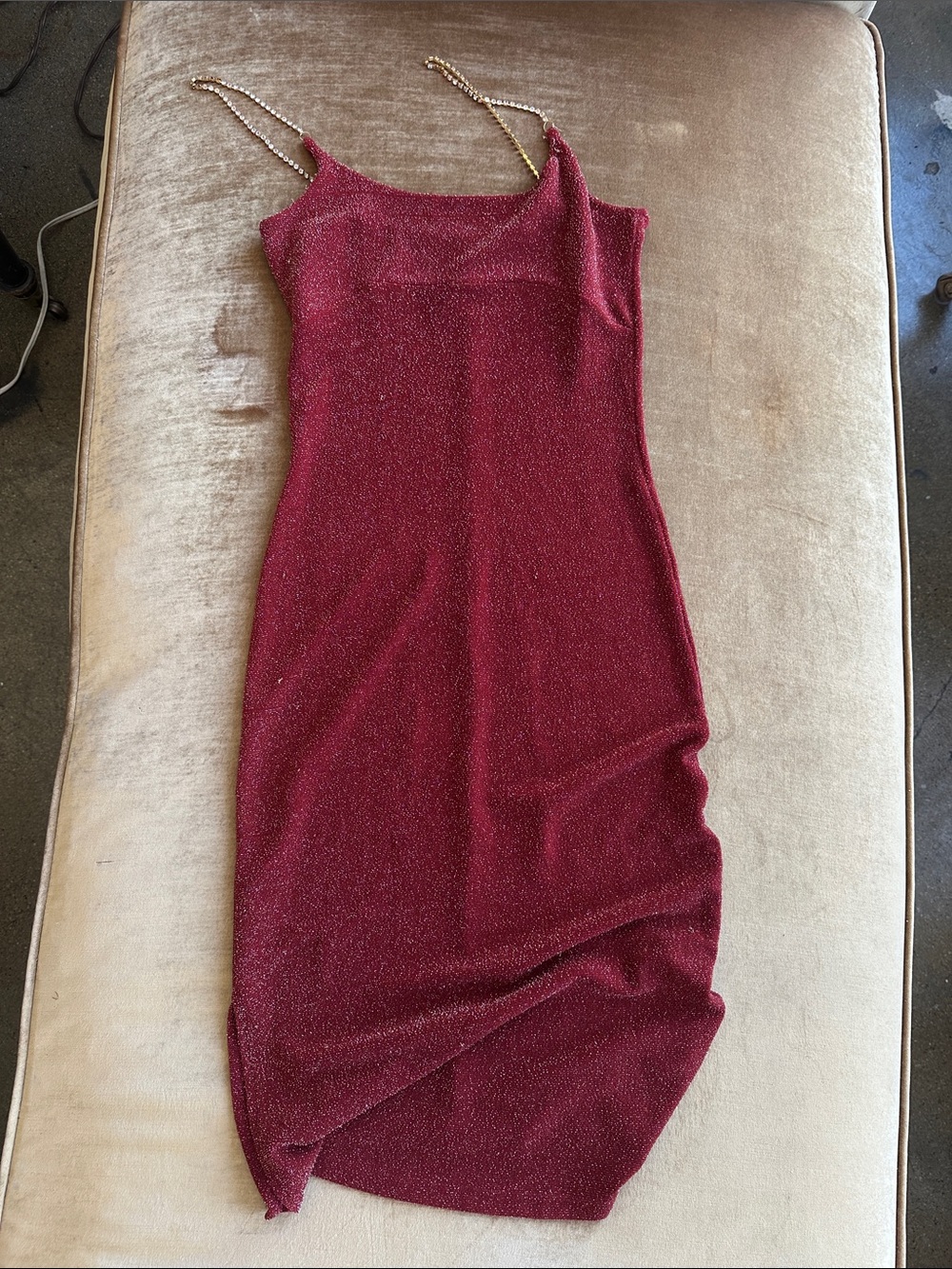 Forever 21 vintage Party dress Stretchy Burgundy Gold lurex Crystal straps sz 4